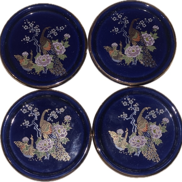 Vintage Interpur Blue Porcelain Coaster Set of 4 w Gold Accents Japanese Peacock - Picture 5 of 10